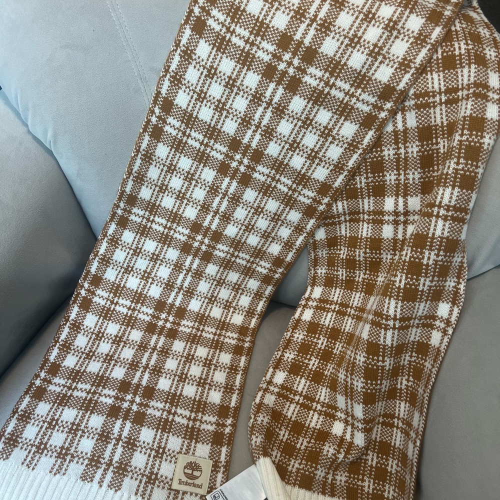 Timberland Tan and White Checkered Scarf
